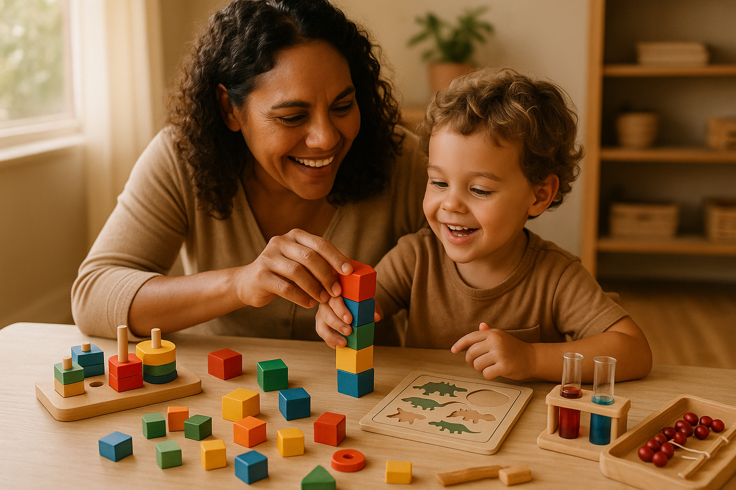 australian mother and child playing stem or Montessori 