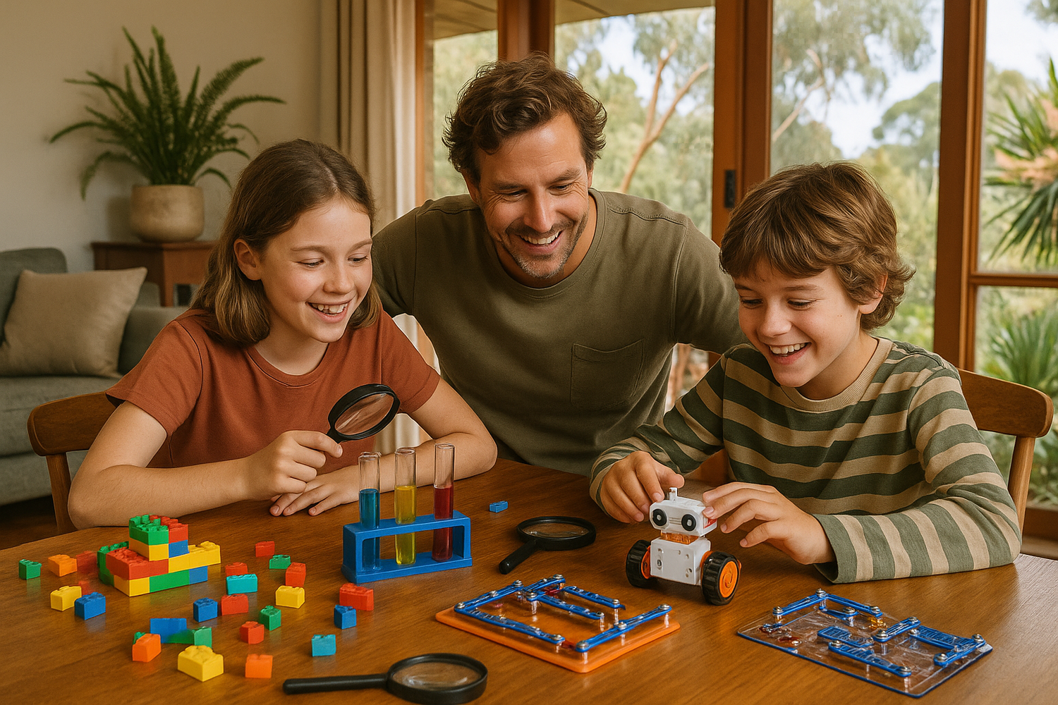 australian parent and kids playing with stem